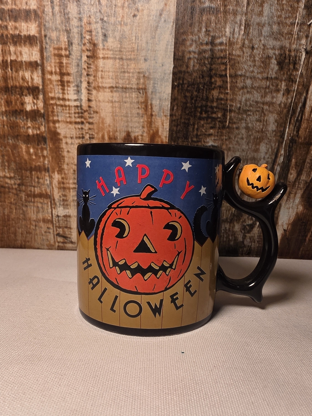 Vintage Department 56 Happy Halloween Spinners Mug  Jack O Lantern Black Cat Cup